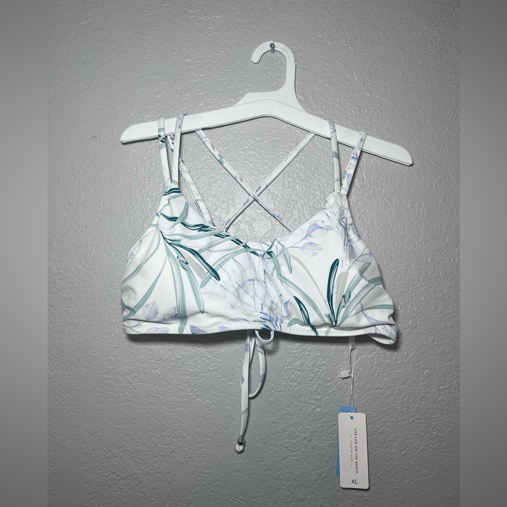 Cupshe Floral White Swim Bikini Top Double CrissCross Self Tie Back